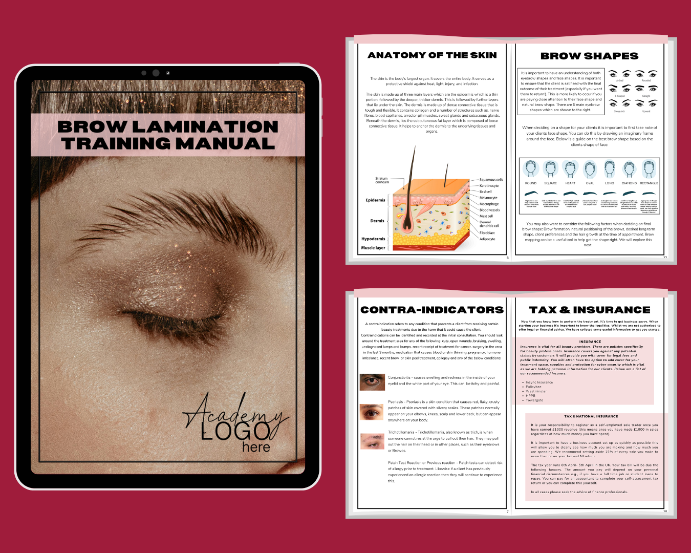 Brow lamination manual cover on red background