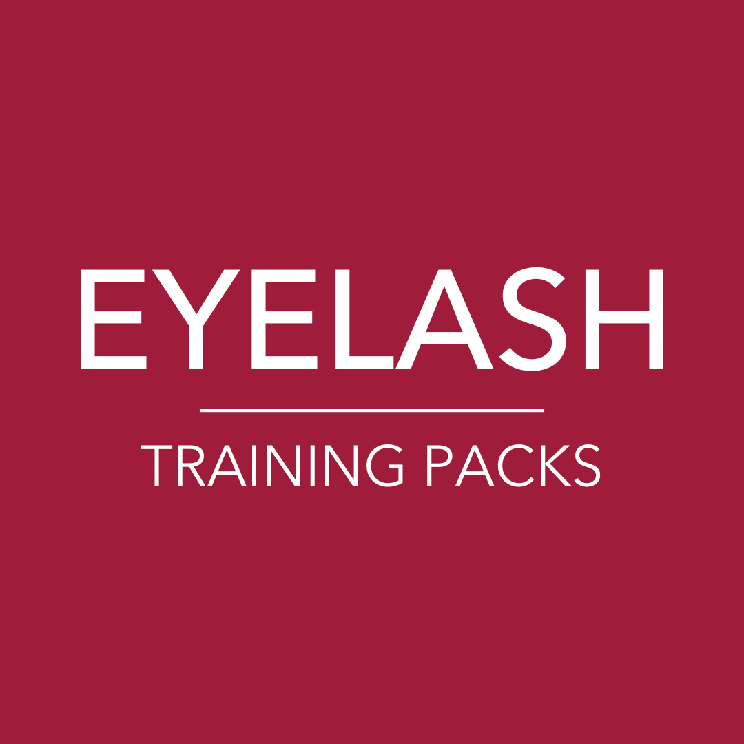 Red background with text saying eyelash training packs