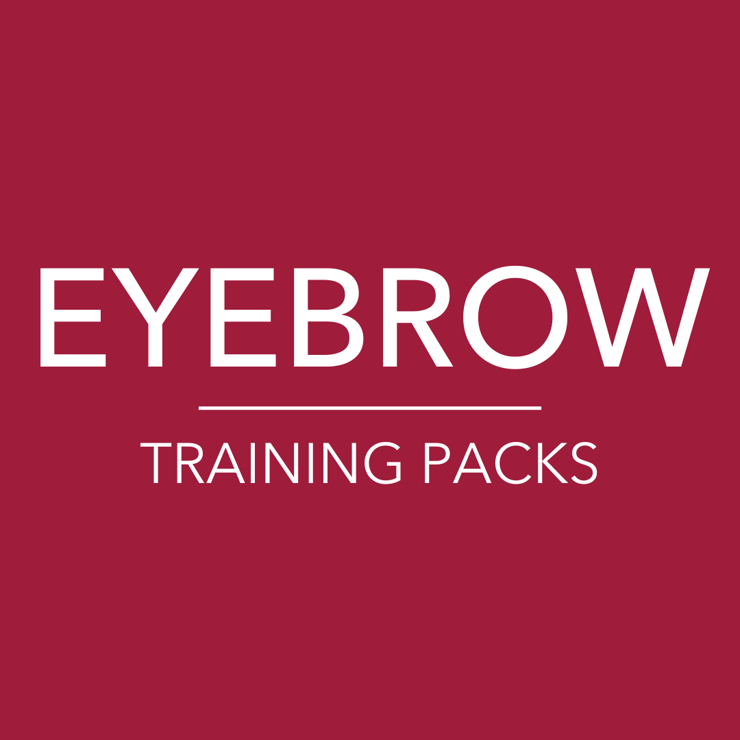 Red background with text saying eyebrow training packs