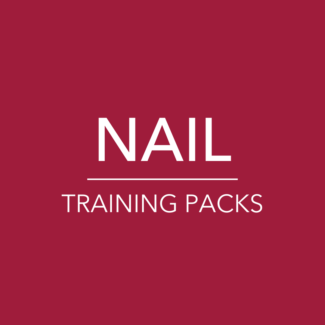 Red background with text saying nail training packs