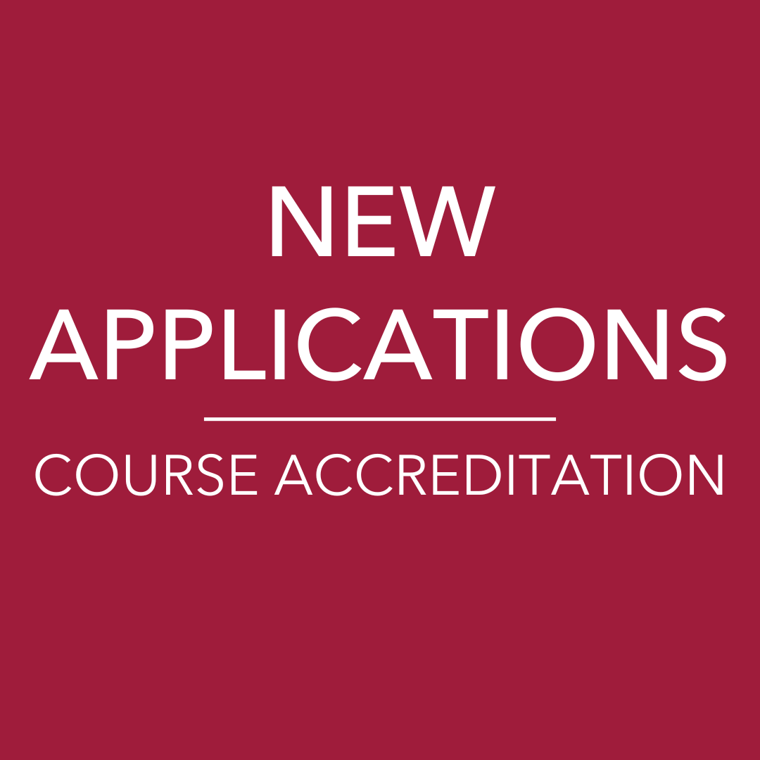 Red background with text saying new applications course accreditation